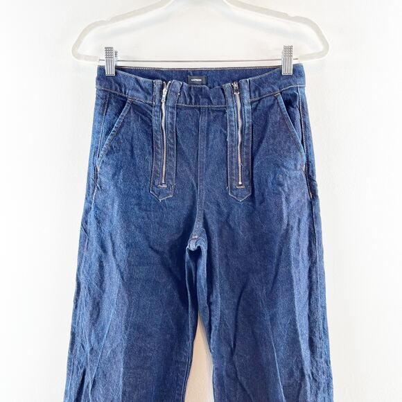 Express High Rise Wide Leg Exposed Double Zipper Dark Wash Jeans 4 Petite - Picture 12 of 12